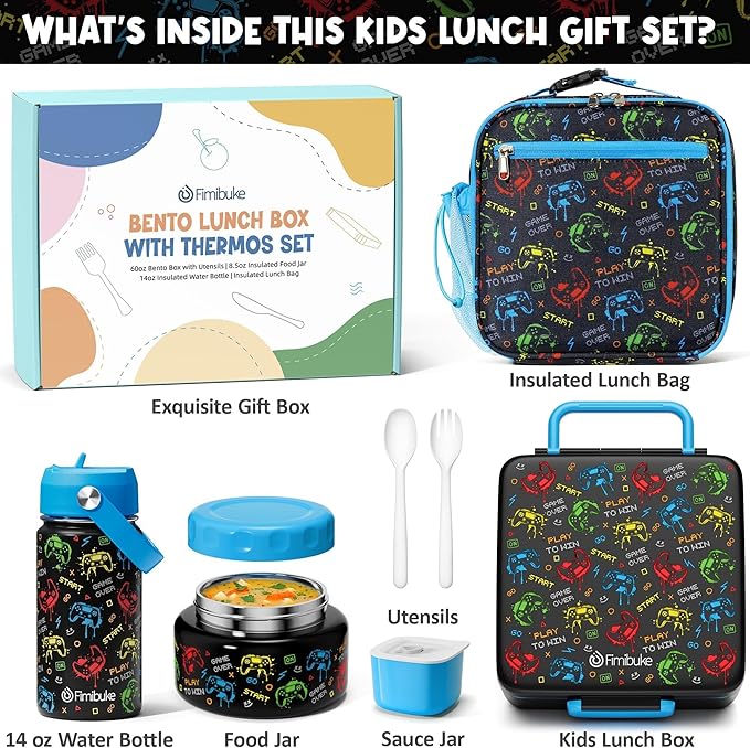 Fimibuke Bento Box for Kids Adult - Leakproof 3-4 Compartments Lunch Bento Box Set with Insulated Thermos Food Jar, Water Bottle, Lunch Bag, Sauce Cup & Cutlery for Toddler Teen Shcool Girl Boy Age 3+