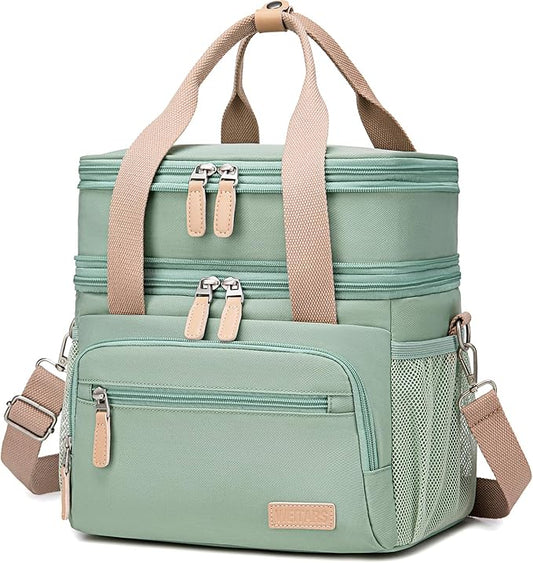 Weitars Insulated Lunch Box for Women Men-Dual Compartment Waterproof Reusable Large Lunch Bag for Women Wide-Open Tote Cooler Bag For Working Picnic Hiking (15L) (Green)