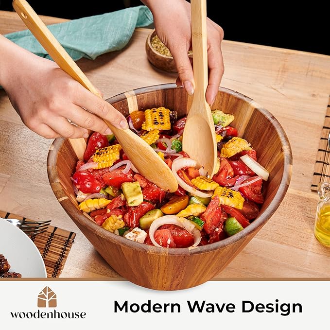 Wooden Salad Bowl, Wooden Bowl, Fruit Bowl - 12" Wavy Large Salad Bowl for Serving, Handmade, Durable and Stylish Natural Wood Dining Accessory by Woodenhouse