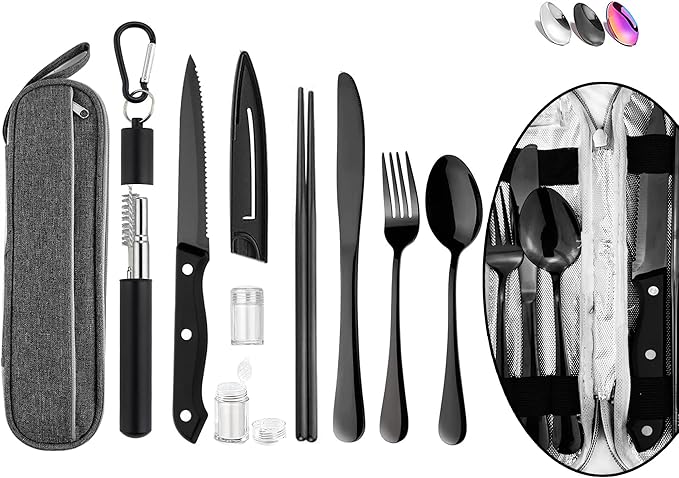 Hommaly Portable Travel Reusable Utensils Silverware with Case,Travel Camping Cutlery set,Chopsticks and Straw Flatware, Stainless steel Utensil set (Black) U