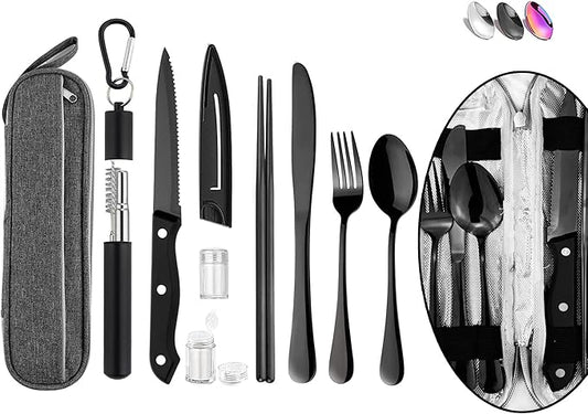 Hommaly Portable Travel Reusable Utensils Silverware with Case,Travel Camping Cutlery set,Chopsticks and Straw Flatware, Stainless steel Utensil set (Black) U