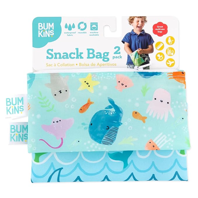 Bumkins Reusable Snack Bags, for Kids School Lunch and for Adults Portion, Washable Fabric, Waterproof Cloth Zip Bag, Supplies Travel Pouch, Food-Safe Storage, 2-pk Blue Ocean Life
