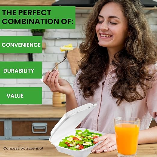 Concession Essentials Pack of 30CT Choice Large 9 x 9 x 3.5 Inch Foam 1-Compartment Containers, White, Hinged, with Optional Venting, Polystyrene, 9"L x 9"W x 3.5"H