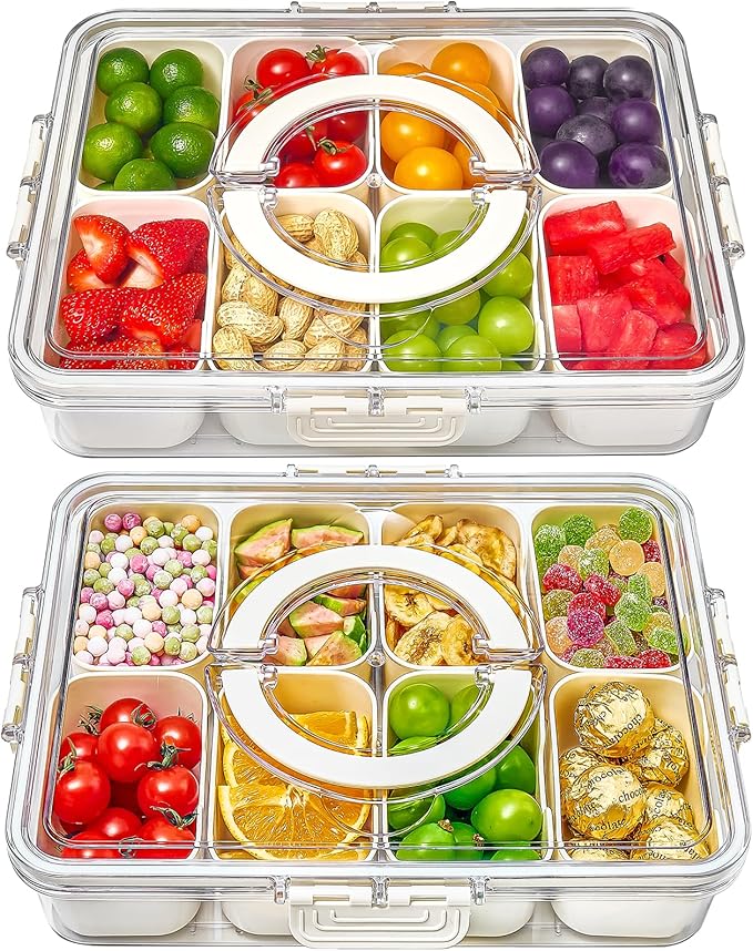 Mfacoy Snackle Box Container, 2 Pack Divided Serving Tray with Lid and Handle, Snack Box Charcuterie Container for Portable Snack Platters, Clear Organizer for Candy, Fruits, Travel, Party, Picnic