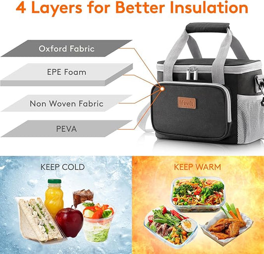 Lifewit Large Lunch Bag Insulated Lunch Box Soft Cooler Cooling Tote for Adult Men Women, Gray and Black 12-Can (9L)