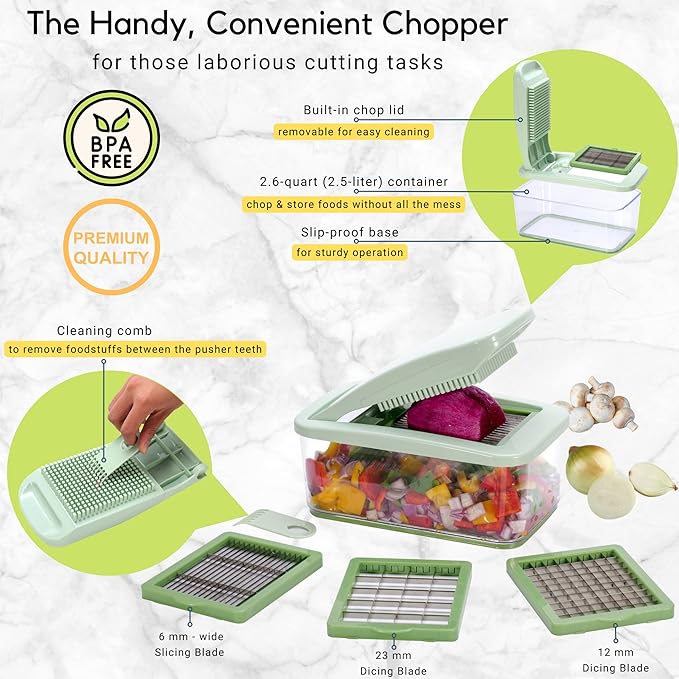 Brieftons QuickPush Food Chopper: Vegetable Dicer Slicer, Onion Cutter, 3 Extra-Large Blades with 200% More Cutting Area to Chop Dice Slice Vegetables, 2.6-Quart Container
