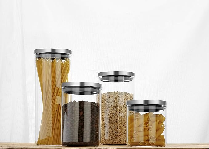 SIXAQUAE Glass Food Storage Containers Jar Stainless Steel Lids 4 Packs 1000ml Airtight Canister Organization Sets Stackable
