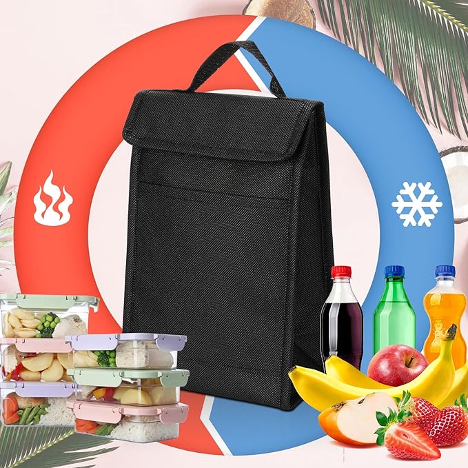 Cunno 30 Pcs Hook and Loop Insulated Bags for lunch Bulk Black Reusable Cooler Bags Waterproof Bags Bulk with Foil Thermal for Women Men Office Picnic Travel