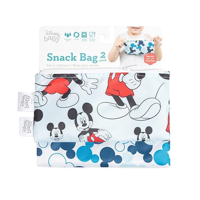 Bumkins Disney Reusable Snack Bags, for Kids School Lunch and for Adults Portion, Washable Fabric, Waterproof Cloth Zip Bag, Supplies Travel Pouch, Food-Safe, 2-pk Mickey Mouse Classic