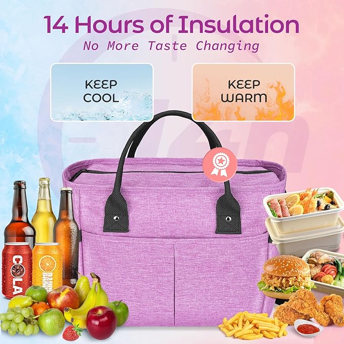 KIPBELIF Cute&Classy Roomy Insulated Lunch Bags for Women - Stylish & Functional Large Tote Adult Lunch Box for Working & Picnic (Purple, M)