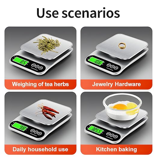 High Precision Digital Kitchen Scale 22lb/10kg - Stainless Steel, 0.1g Accuracy, Grams & Ounces, Multifunction LCD Display, Best for Food, Baking, Coffee, household small item weighing.