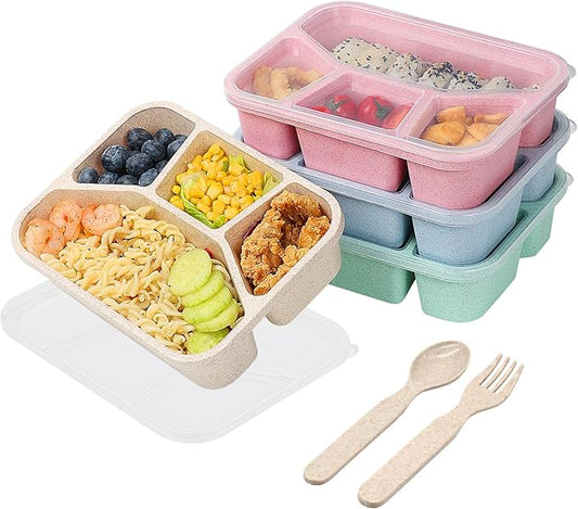 4 Pack Bento Lunch Box, 4 Compartment Meal Prep Containers, Lunch Box for Kids, BPA Free Plastic Reusable Food Storage Containers - Stackable, Suitable for Schools, Companies,Work and Travel