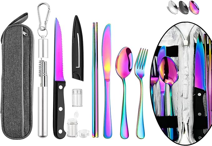 HOMMALY Portable Travel Reusable Utensils Silverware with Case,Travel Camping Cutlery set,Chopsticks and Straw Flatware, Stainless steel Travel Utensil set (Rainbow)U (UP-RB0001)