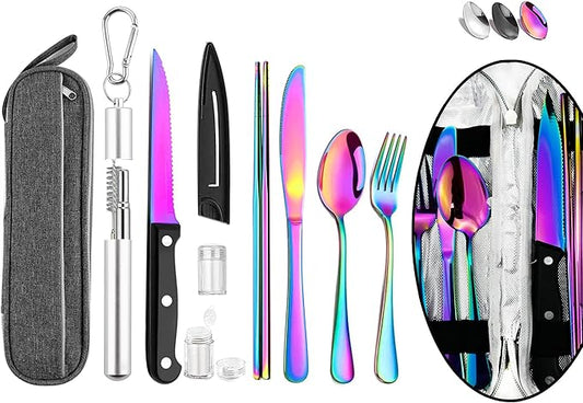 HOMMALY Portable Travel Reusable Utensils Silverware with Case,Travel Camping Cutlery set,Chopsticks and Straw Flatware, Stainless steel Travel Utensil set (Rainbow)U (UP-RB0001)