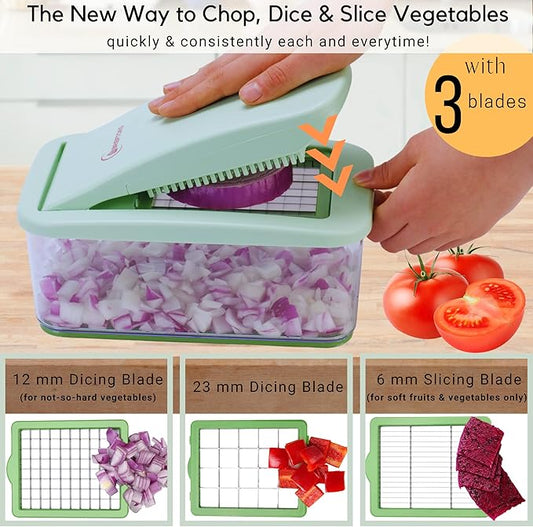 Brieftons QuickPush Food Chopper: Vegetable Dicer Slicer, Onion Cutter, 3 Extra-Large Blades with 200% More Cutting Area to Chop Dice Slice Vegetables, 2.6-Quart Container