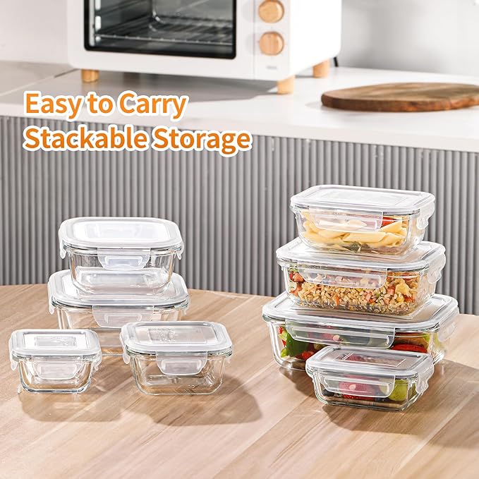 HOMBERKING 8 Pack Glass Food Storage Containers with Lids, Meal Prep Containers, Airtight Bento Boxes with Leak Proof Locking for Microwave, Oven, Freezer and Dishwasher, BPA Free, 5-35oz, white