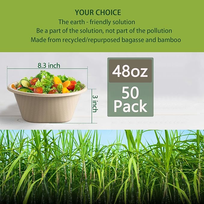 Homestockplus Large Disposable Bowl - Heavy Duty Paper Bowls - Made from Sugarcane and Bamboo Fiber, Microwave Safe - 48 Oz Paper Bowls for Soup, Salad, Ramen, Popcorn, etc.[50/Pack]