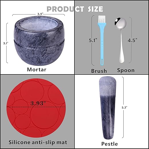 Mortar and Pestle Set Polished Natural Marble Stone Guacamole Molcajete Bowl with Base Silicone Pad,Matching Stainless Spoon and Matching Small Brush 200ml Capacity(Small, Dark Gray)