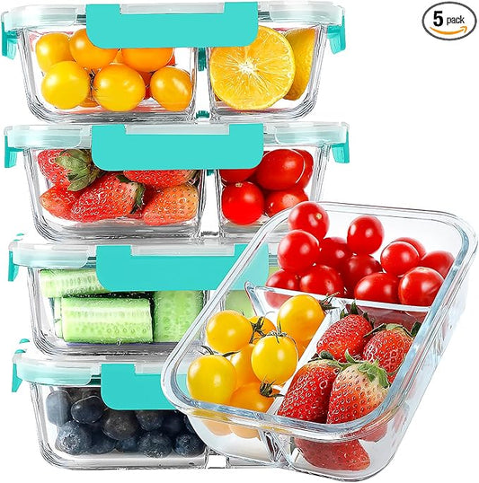 Glass Meal Prep Containers 3 Compartments, 5 Pack 36 oz, Glass Food Storage Containers with Lids, Airtight Lunch Bento Box, Portion Control, Freezer and Microwave Safe, Green