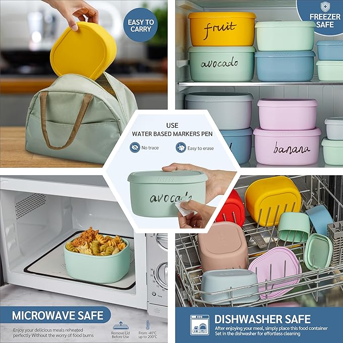 ISSEVE 6Pcs/Set Nesting Silicone Food Storage Containers with Lids, BPA Free Reusable Meal Prep Silicone Containers Lunch Box Bento Box Set (33.8oz, 20oz, 10oz, 6.7oz, 1.3oz) (Green)