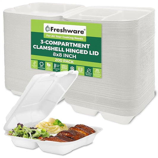 Freshware Clamshell Containers, 8 x 8 Inch, 3-Compartment, 200-Pack, White