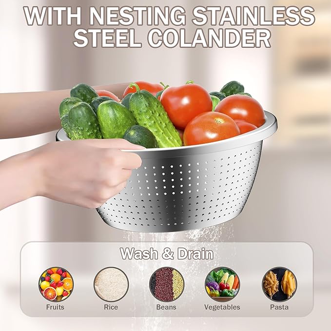 Stainles Steel Mixing Bowls with Lids Set, Stackable Metal Mixing Bowl with Strainer, 5-Piece - Beige