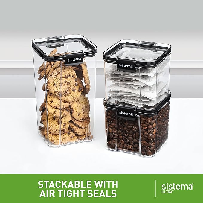 Sistema Ultra Tritan Airtight Pantry & Kitchen Storage Containers 3 Square Plastic Food Containers with Lids (1x 1.3L + 2x 700ml) Stackable with Locking Clips BPA-Free [82008]