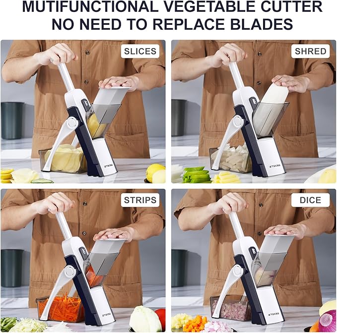 5 in 1 Safe Mandoline Slicer for Kitchen, Safe Vegetable Chopper with Paring Knife, Adjustable Thickness, Easy to Clean, Vegetable Slicer, Slicing, Strips, Shredding, Dicing, Chop (DarkBlue)