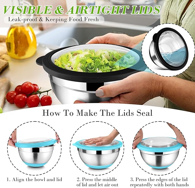 TeamFar Mixing Bowls with Lids, 4.6/3.5/2/1.5/1/0.7 QT Stainless Steel Nesting Salad Bowls with Airtight Lids, For Mixing Serving, Non-Toxic & Sturdy, Non-Slip & Visible, Multi-Color, Set of 6