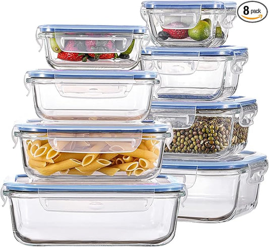 HOMBERKING 8 Pack Glass Food Storage Containers with Lids, Meal Prep Containers, Airtight Bento Boxes with Leak Proof Locking for Microwave, Oven, Freezer and Dishwasher, BPA Free, 5-35oz, Deep blue