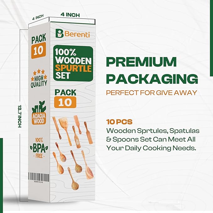 10 Pcs Wooden Spurtle Set - Safe for Nonstick Cookware - Stirs Like a Spoon, Flips Like A Spatula - 100% Natural Acacia Wood Cooking Utensils Set - Spurtles Kitchen Tools Wooden As Seen On TV Paddle