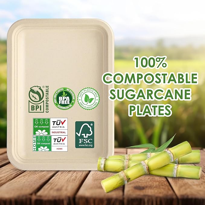 50 Pack 14 Inch Disposable Food Trays Biodegradable Heavy Duty Large Paper Plates Compostable Sugarcane Platters for Crawfish, Lobster, BBQ Seafood,Party and Holiday Feast