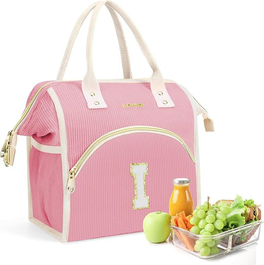Personalized Initials Lunch Box for Women& Men, Preppy Reusable 10 L Insulated Lunch Bag, Leakproof Large Idults lunch tote Cooler Bags Insulated for Beach,Travel,Work, Picnic-Birthday Gifts（Pink I）