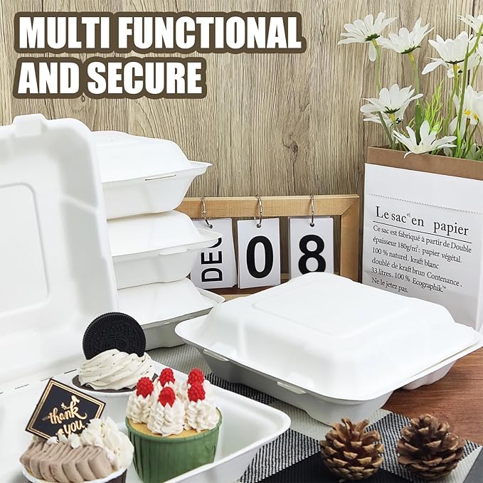8X8 30 Pack Clamshell Take Out Food Containers, 3 Compartment To Go Containers with Lids,Disposable Compostable To Go Boxes Heavy-Duty Biodegradable (8 * 8 in, 3-Compartment)