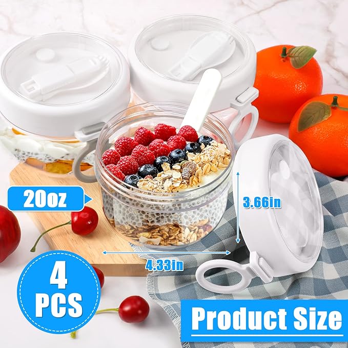 4 Pcs Overnight Oats Container with Lids and Spoons, 20 oz Plastic Overnight Oats Jars Large Capacity Airtight Yogurt Container for Milk, Fruit, Cereal and Salad Storage (White)