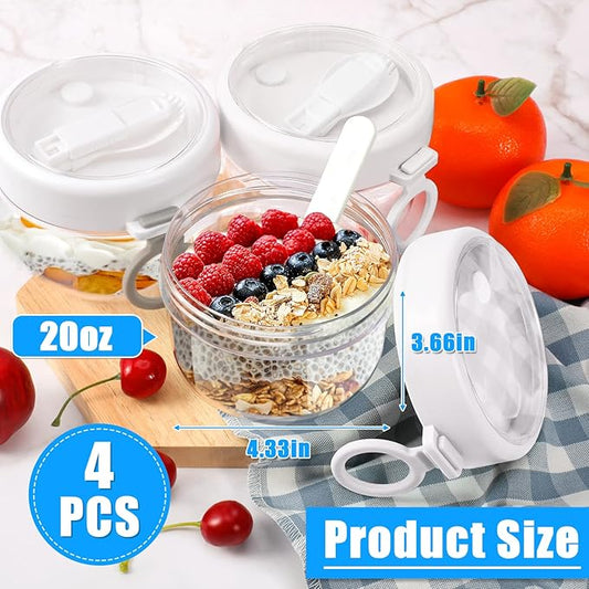 4 Pcs Overnight Oats Container with Lids and Spoons, 20 oz Plastic Overnight Oats Jars Large Capacity Airtight Yogurt Container for Milk, Fruit, Cereal and Salad Storage (White)