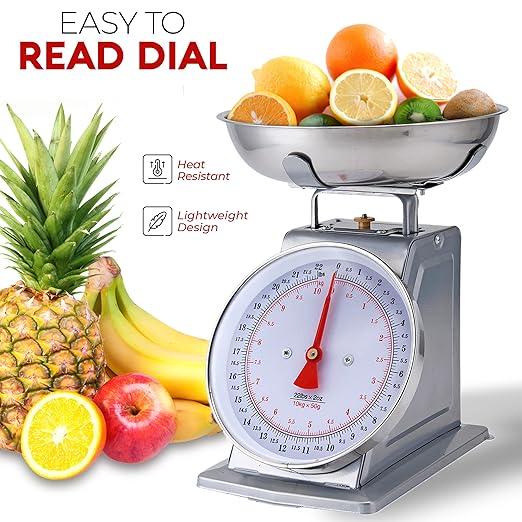 Alpine Cuisine Stainless Steel Analog Kitchen Scale Silver - Mechanical Weighing Food Scale Weighs Up to 22 Lbs, Analog- Measures Grams and Ounces