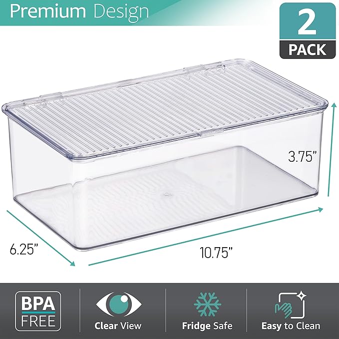 Sorbus Pantry Storage with Lids - Clear Plastic Refrigerator Bins - MultiPurpose & Versatile Stackable Cabinet Organizers - Cosmetics, Laundry, Office Supplies, Food Organizer - 2 Pack
