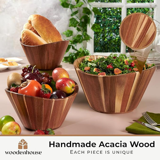 Wooden Salad Bowl Set, Salad Bowls Set of 3 - Wavy Design Salad Bowl Set for Serving, Handmade, Durable and Stylish Natural Wood Dining Accessory by Woodenhouse