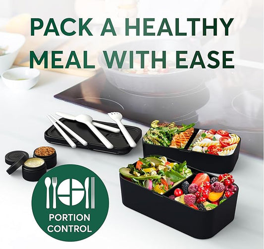 Umami Premium Lunch Box Containers w/ 4 Utensils, 2 Sauce Jars, Nestable Space-Saving Bento Box Adult, 100% Leakproof, Microwavable Lunch Containers for Adults, Rosewood Black, 50 oz