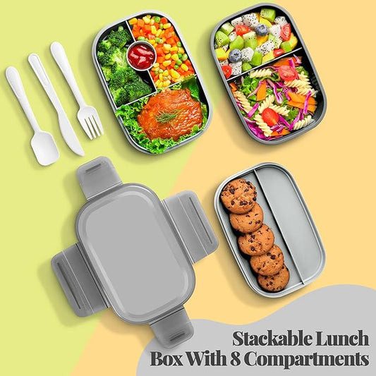 Bento Box Adult Lunch Box, 3-in-One Stackable Lunch Box Kids, 8 Compartments & Utensil Set Bento Lunch Box for Kids/Adults, Leak-Proof Bento Boxes for Work, Picnic, School (Gray)