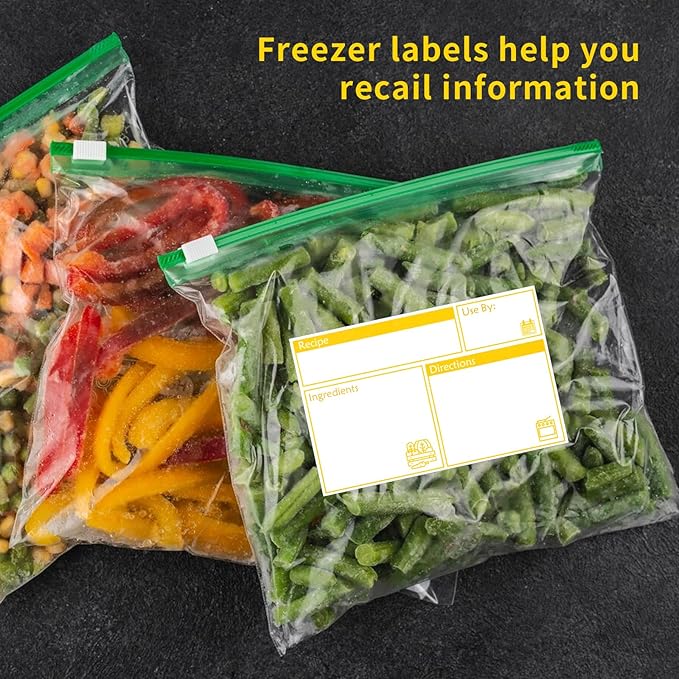 100pcs Labels for Freezer Bags Freezer Meal Labels with Instructions 3.2 X 5 inch Oil and Water Resistant Labels Food Labels for Freezer Storage for Leftovers in Fridge Removable Freezer (Yellow)