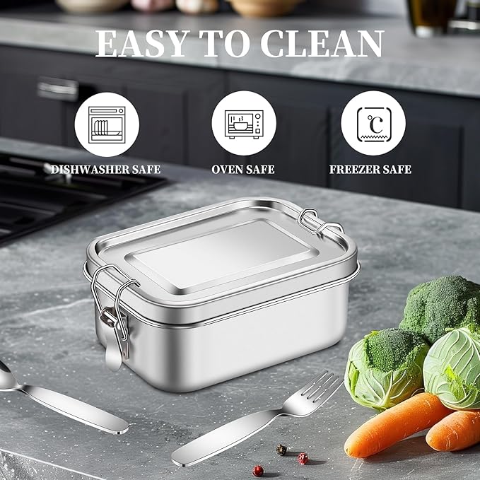 Dualshine 4 Pack Stainless Steel Bento Box 850ml Stainless Steel Containers with Lids Metal Lunch Box with Partition, 2 Spoons and Forks Lockable Clip for Leak Prevention Bento Box Adult for Travel