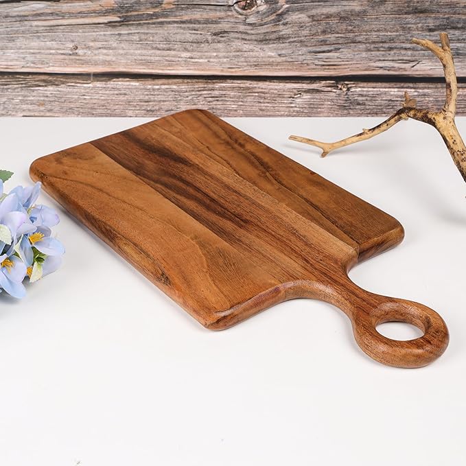 Acacia Wood Cutting Board with Natural Live Edge & Ring Handle, Vegetable Chopping and Serving Rustic Paddle for Bread Cheese Charcuterie and Pizza