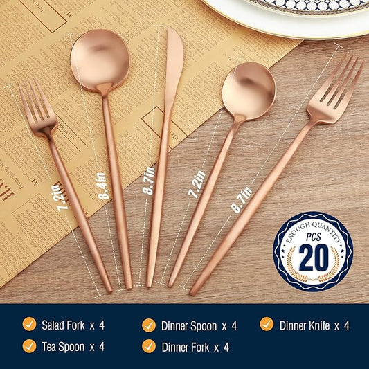Matte Rose Gold Silverware Set, 20 Piece Stainless Steel Flatware Set Service for 4, Matte Rose Gold Cutlery Set, Include Knives/Forks/Spoons, Dishwasher Safe