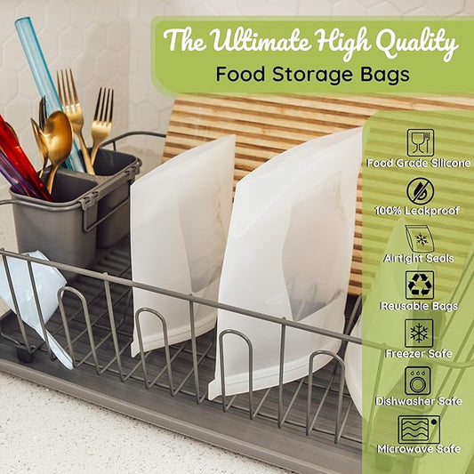 WeeSprout 100% Silicone Reusable Food Storage Bags | Set of 7 Leakproof & Airtight Pouches (Four 4 Cup Bags and Three 6 Cup) | Freezer & Microwave Safe | Dishwasher Safe | for Lunches and Snacks