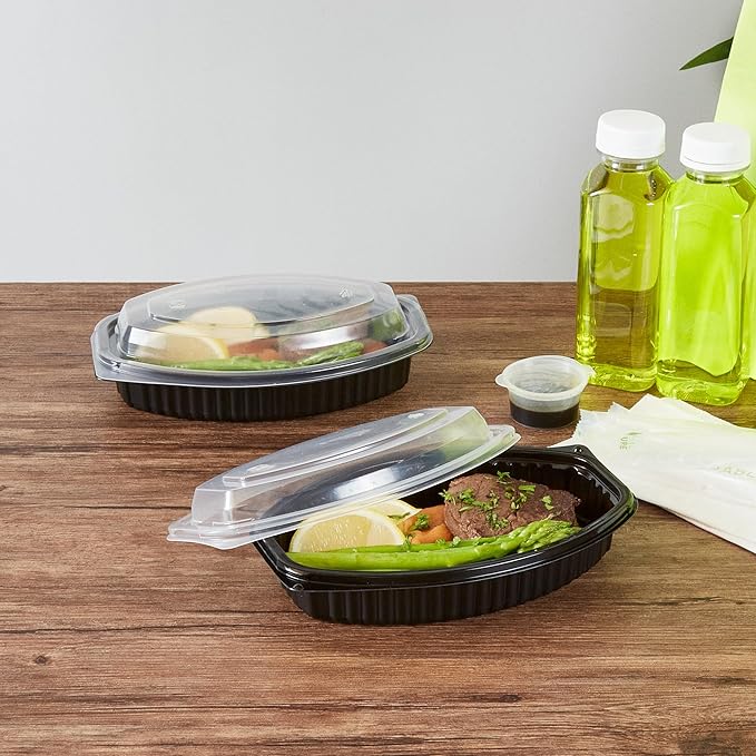 RW Base 16 Ounce Meal Prep Containers, 50 Microwavable To Go Containers With Lids - Disposable, Freezable, Black Plastic Oval Food Containers, Pack Hot And Cold Food, For Takeaway - Restaurantware