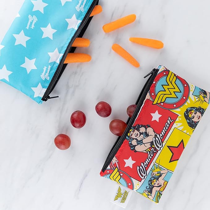 Bumkins Reusable Snack Bags, for Kids School Lunch and for Adults Portion, Washable Fabric, Waterproof Cloth Zip Bag, Supplies Travel Pouch, Food-Safe, 2-pk Wonder Woman DC Comics