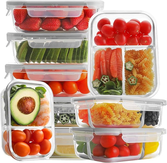 Bayco 9 Pack Glass Meal Prep Containers 3 & 2 & 1 Compartment, Glass Food Storage Containers with Lids, Airtight Glass Lunch Bento Boxes, Leak Proof (9 lids & 9 Containers) - Grey