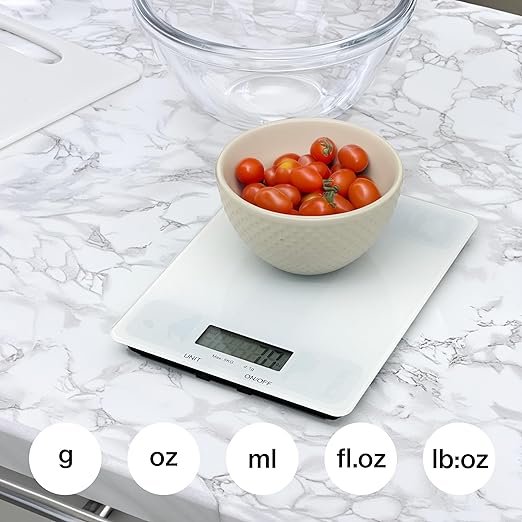 Glass Platform Digital Kitchen Scale - 11lbs / 5kg Capacity - LCD Display g kg oz lb fl.oz ml - CR2032 Battery Included - White